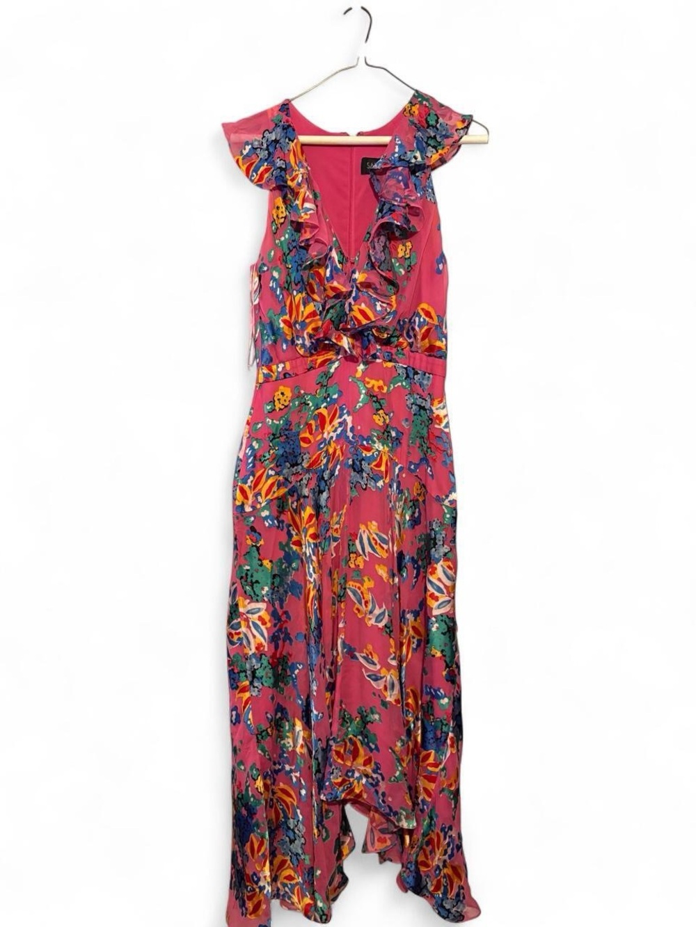 Saloni Ruffled Silk Floral Maxi Dress in Deep Pink
